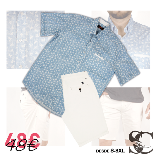 Conjunto camisa azul flores con bermuda blanca