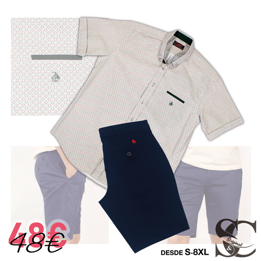 Conjunto camisa estampado verde y lila con bermuda marino