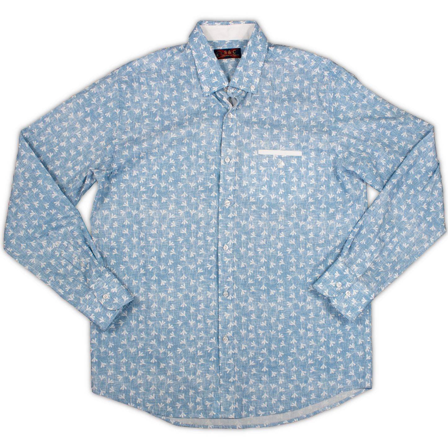 Camisa Hombre Manga Larga Azul Flores Blancas