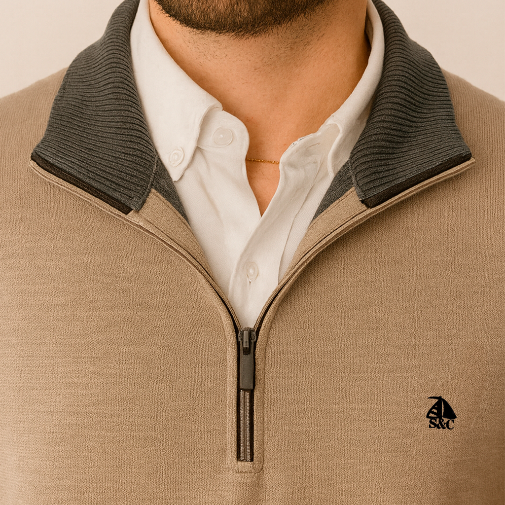 Jersey de hombre media cremallera beige con contraste