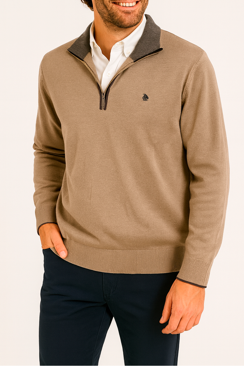 Jersey de hombre media cremallera beige con contraste