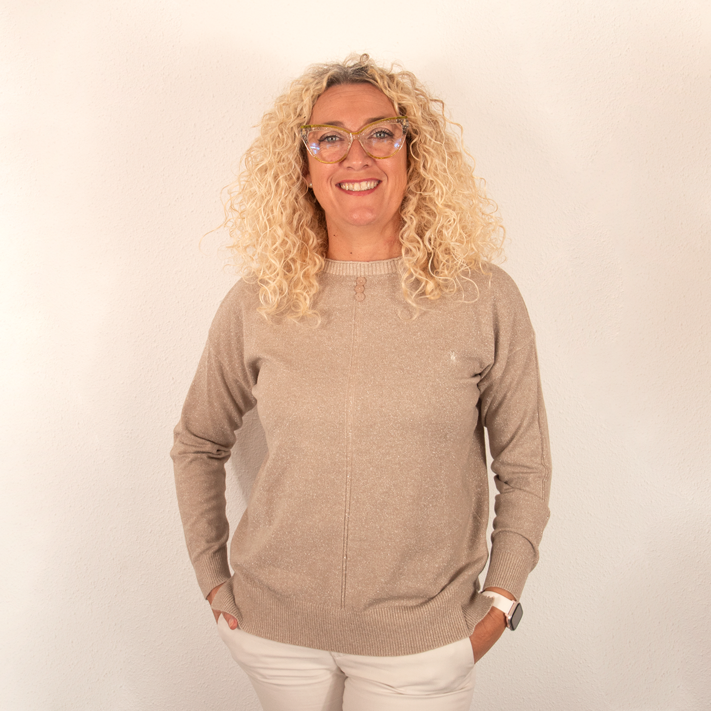 Jersey Mujer Beige Destellos con Detalles de Botones