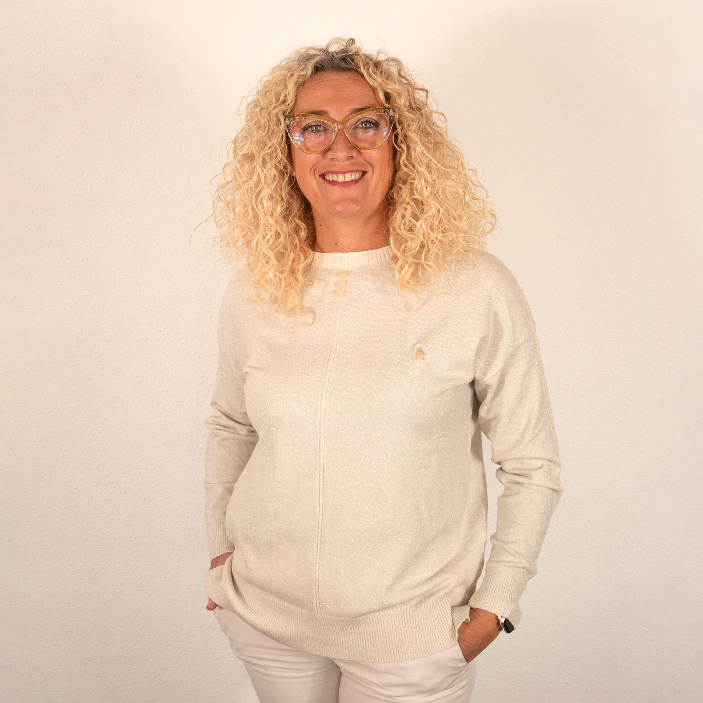 Jersey Mujer Blanco Destellos con Detalles de Botones