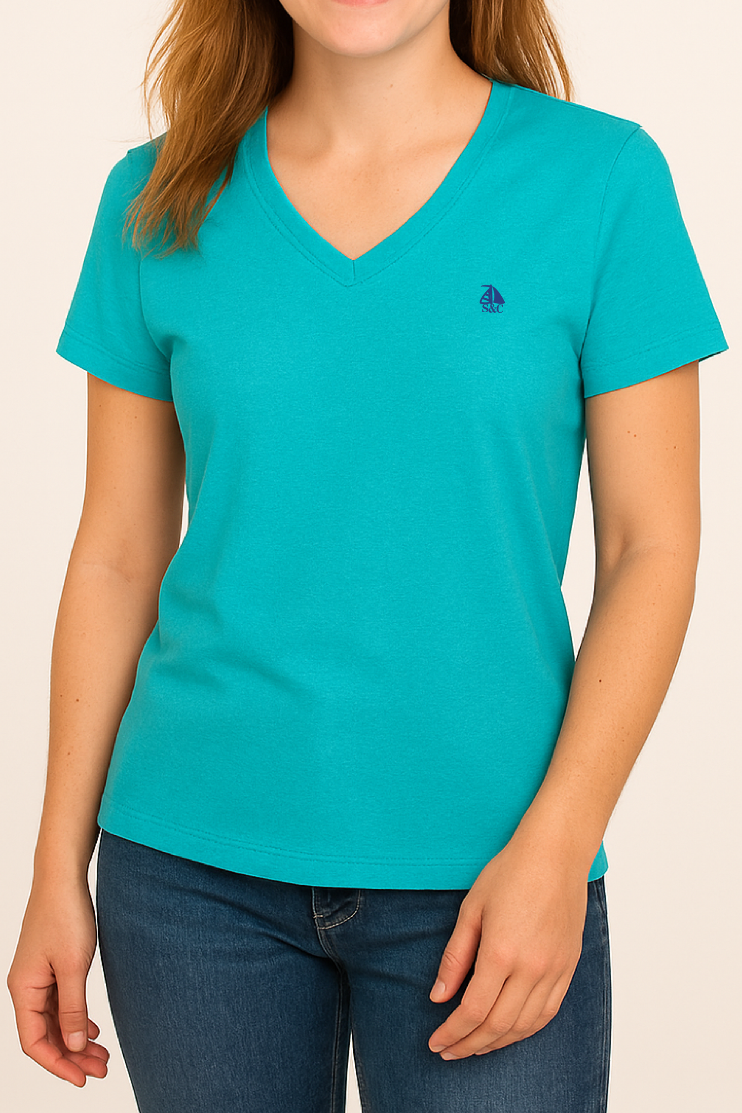 Camiseta pico manga corta turquesa