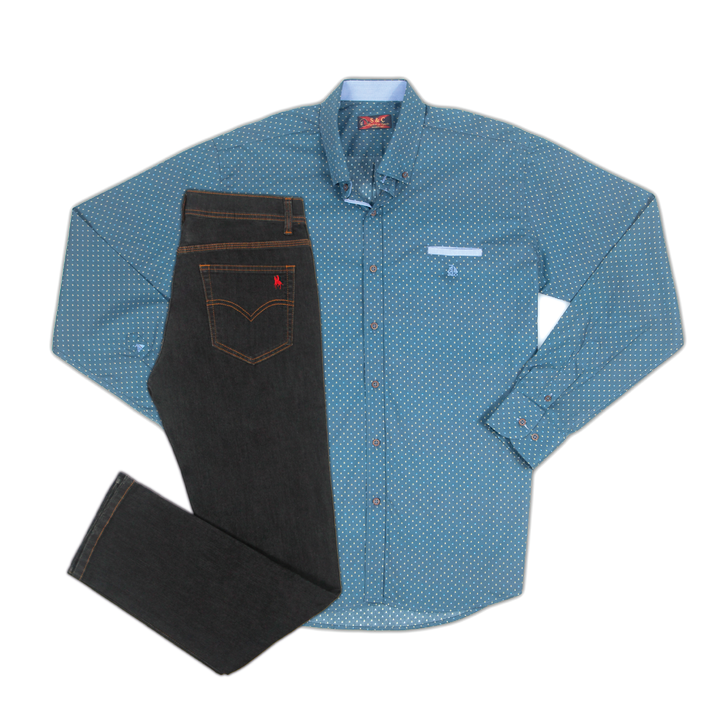 Conjunto Hombre Camisa Azul Marino y Pantalón Vaquero