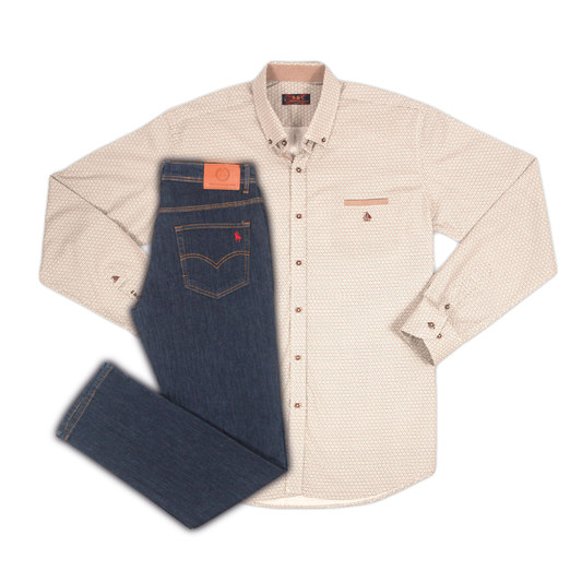 Conjunto Hombre Camisa Detalles Beige y Pantalón Vaquero