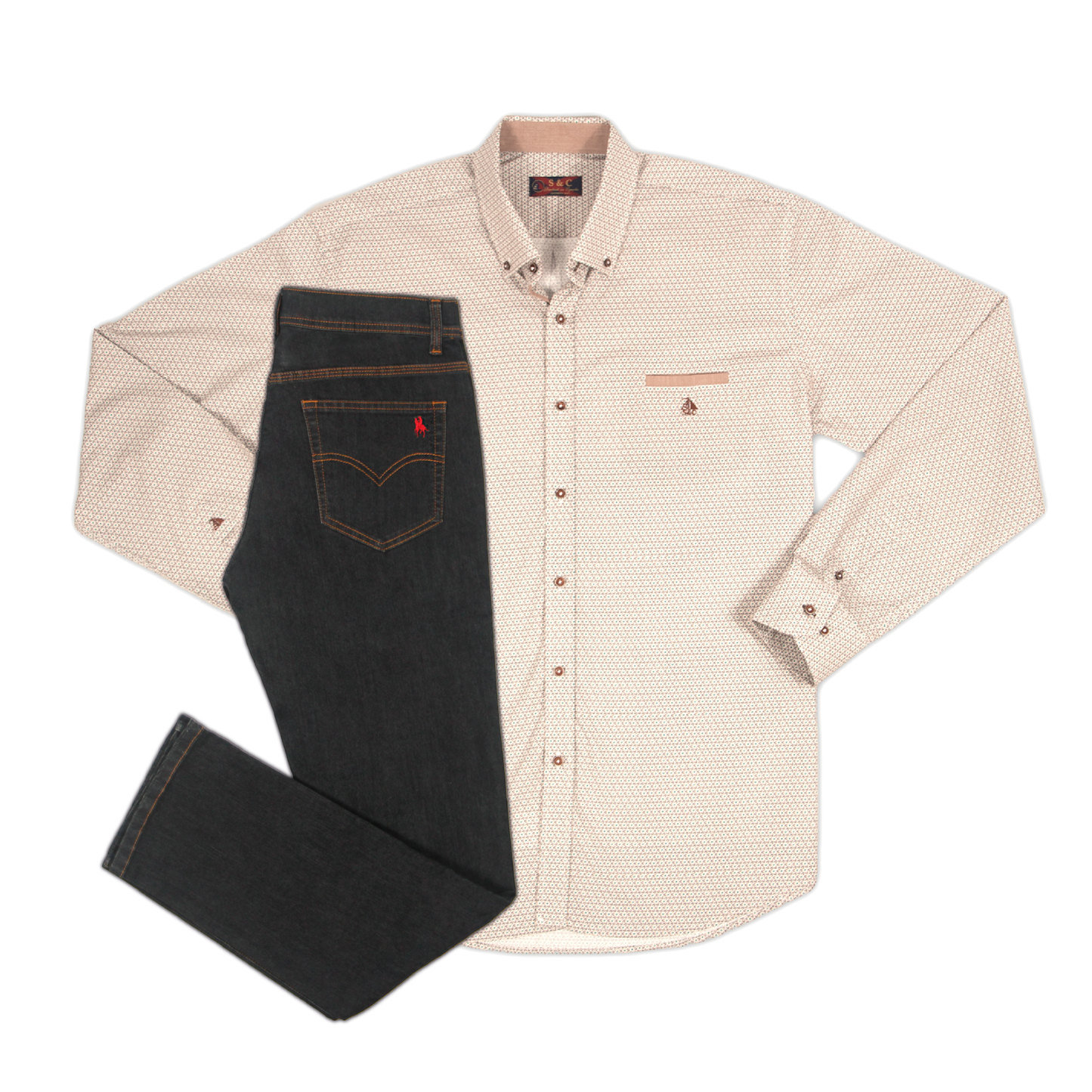 Conjunto Hombre Camisa Detalles Beige y Pantalón Vaquero