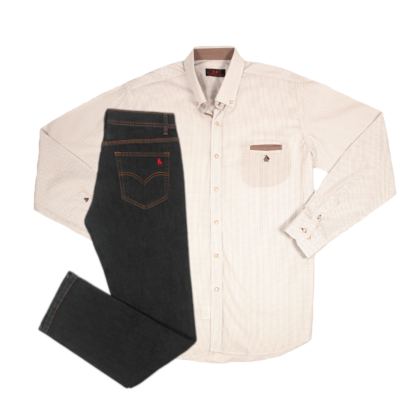 Conjunto Hombre Camisa Detalles Marrones y Pantalón Vaquero