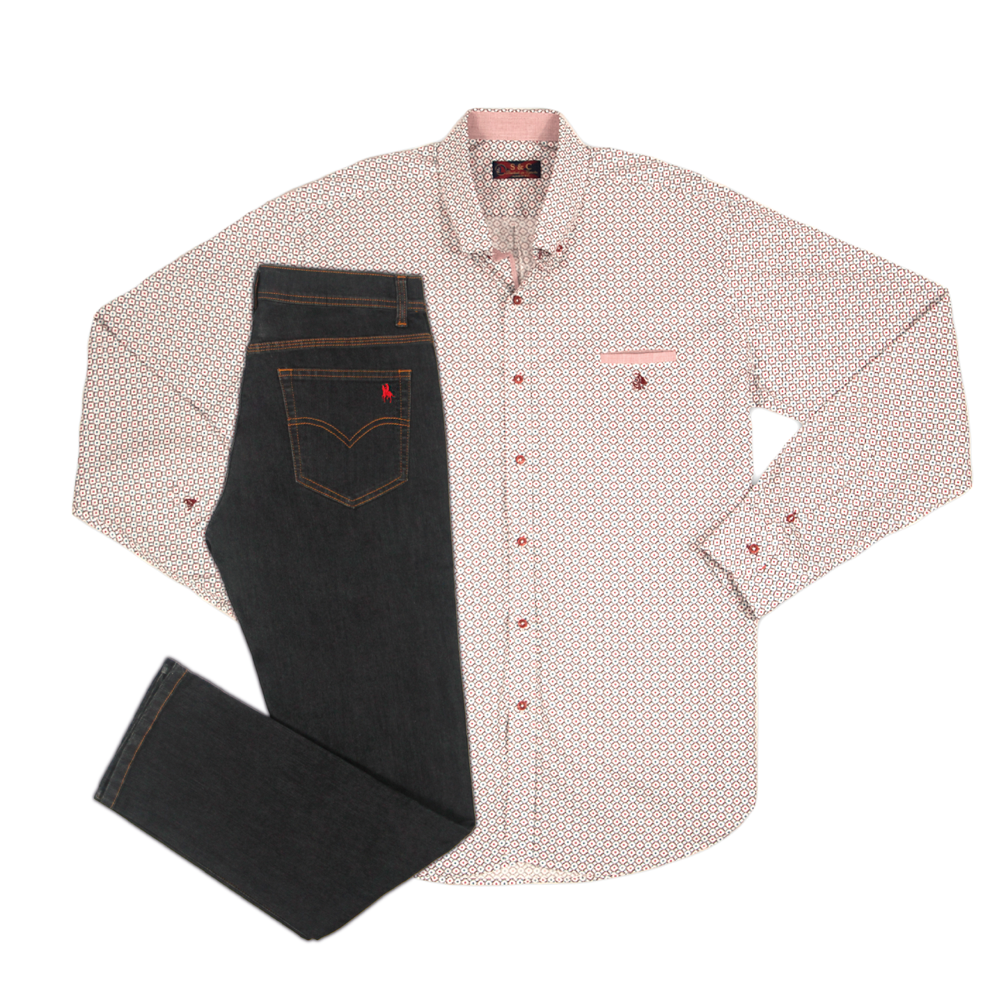 Conjunto Hombre Camisa Detalles Rosas y Pantalón Vaquero