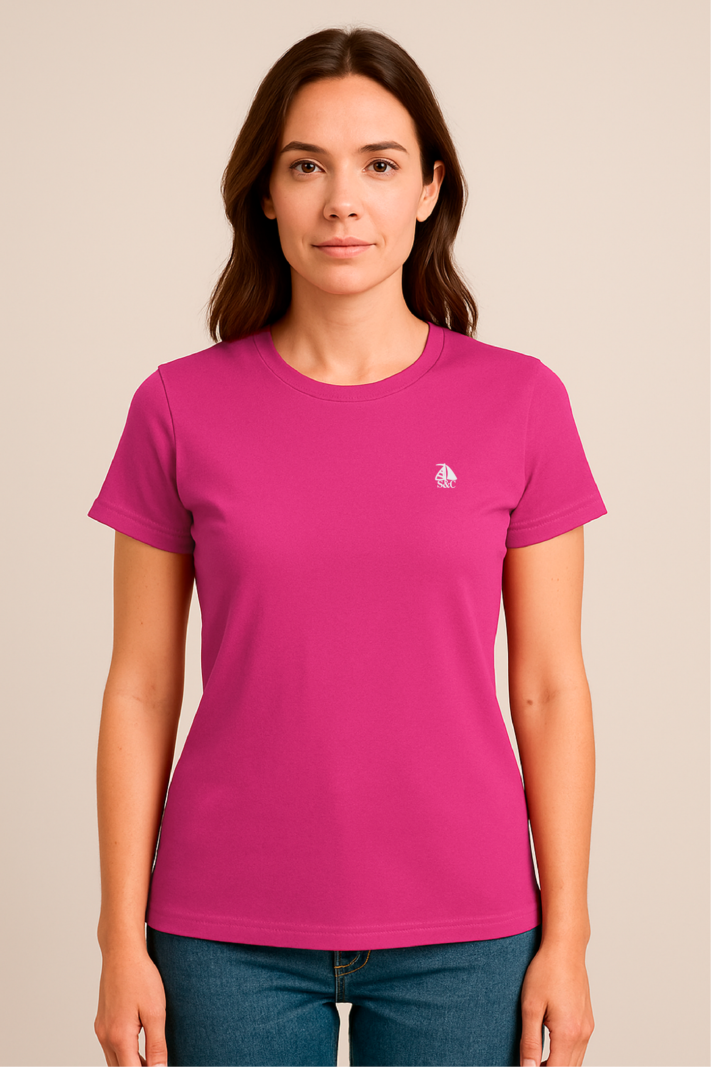 Camiseta manga corta cuello redondo fucsia