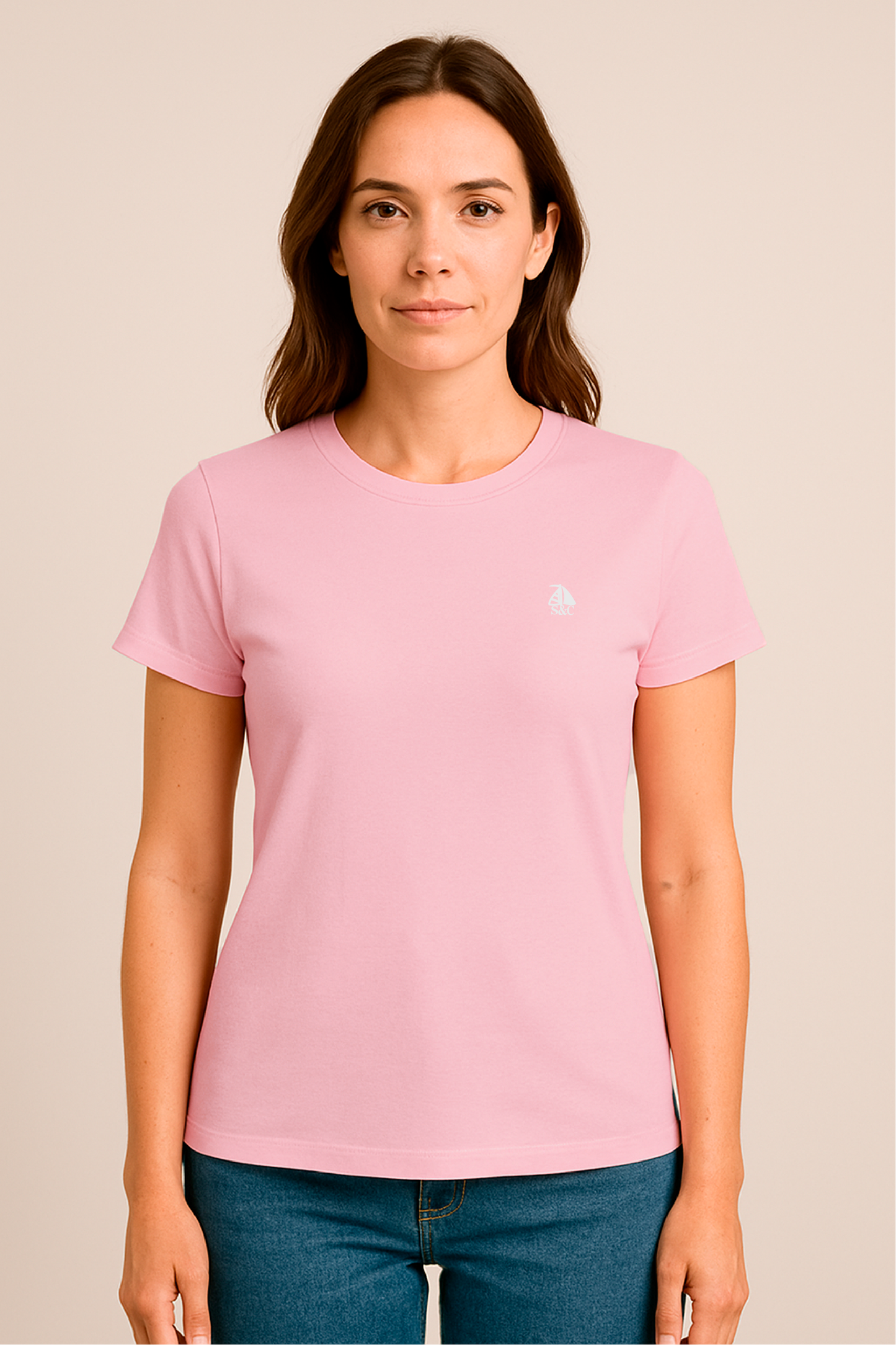 Camiseta manga corta cuello redondo rosa pastel