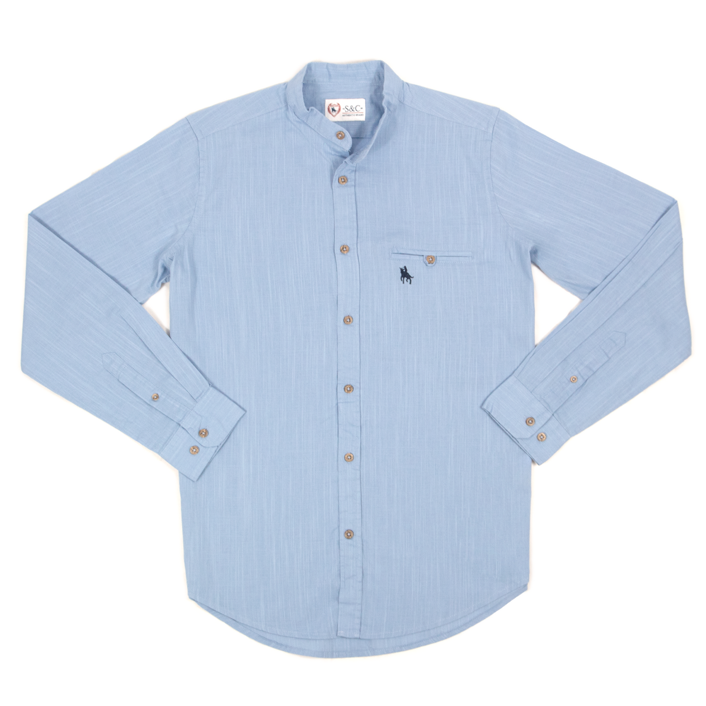 Camisa tipo lino cuello mao Celeste