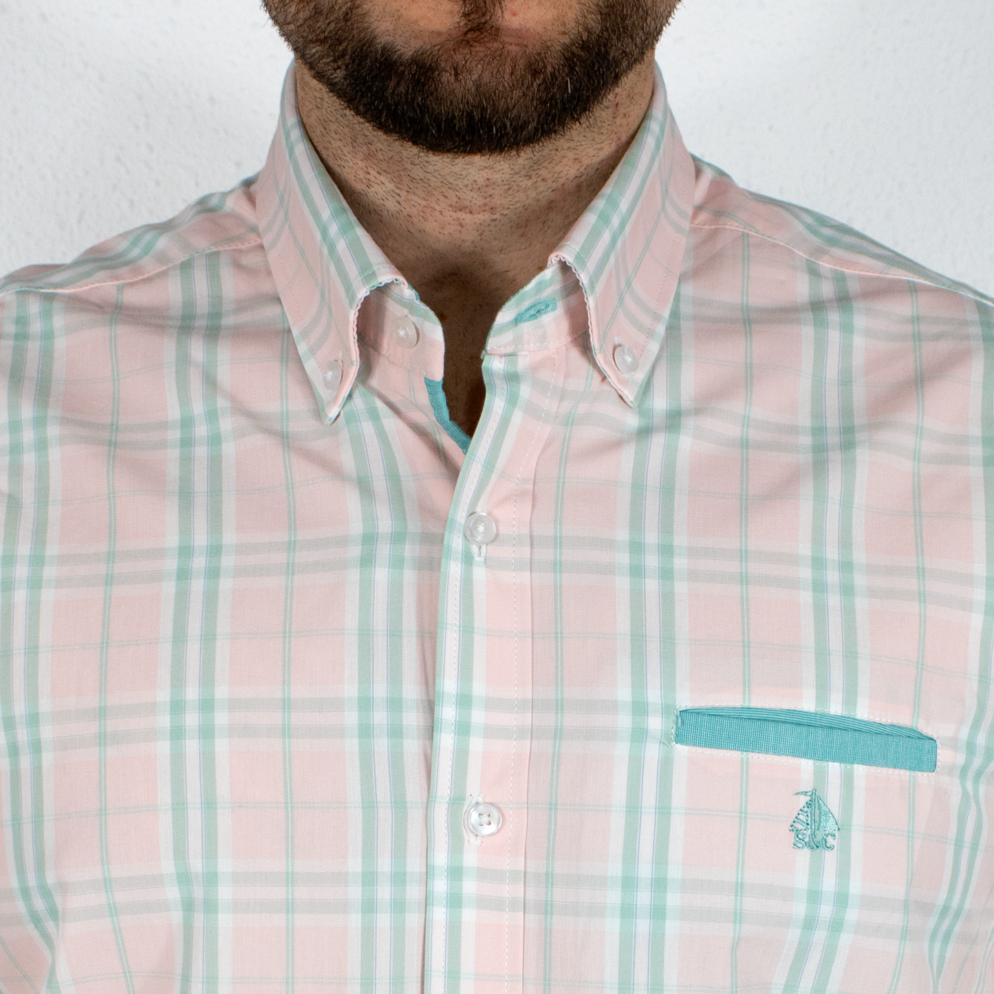 Camisa Hombre Manga Larga Cuadros Rosa y Agua
