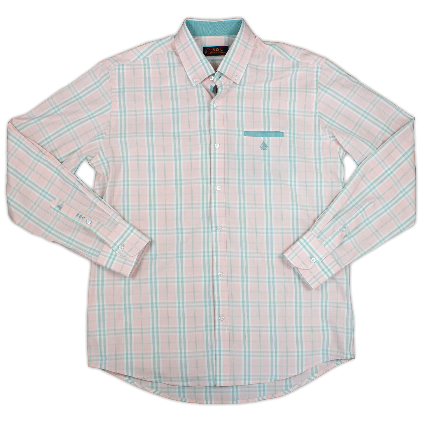 Camisa Hombre Manga Larga Cuadros Rosa y Agua