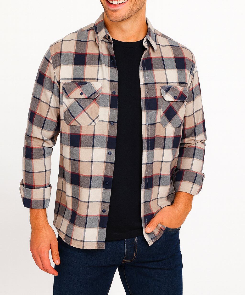 Camisa a cuadros marino, rojo y beige