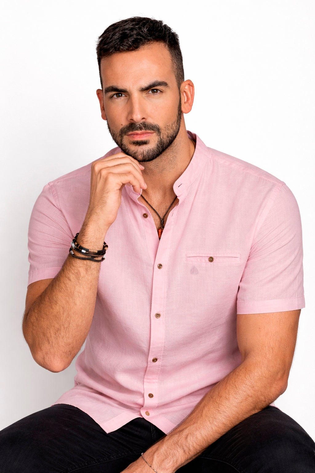 Camisa Cuello Mao manga corta Rosa Palo