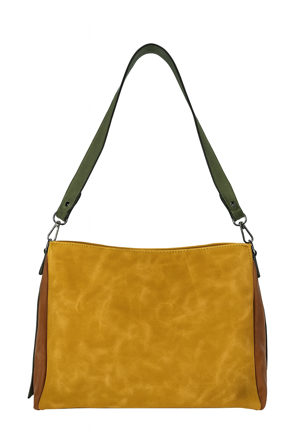 Bolso bandolera mostaza con detalles marrones y asa verde