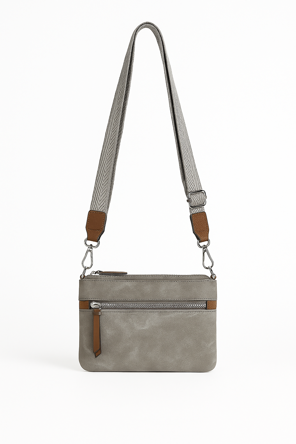 Bolso Bandolera Gris con Cremallera y Correa Ancha de Tela