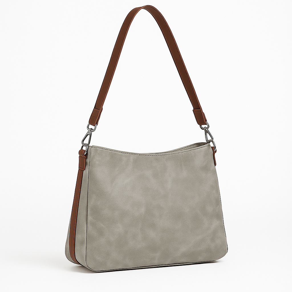 Bolso Bandolera Grande Gris con Detalles Marrones