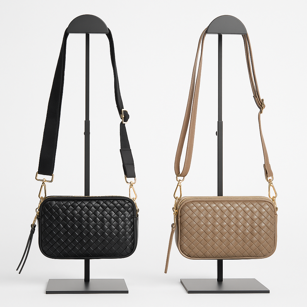 Bolso bandolera camel acolchado con efecto trenzado y cremallera dorada