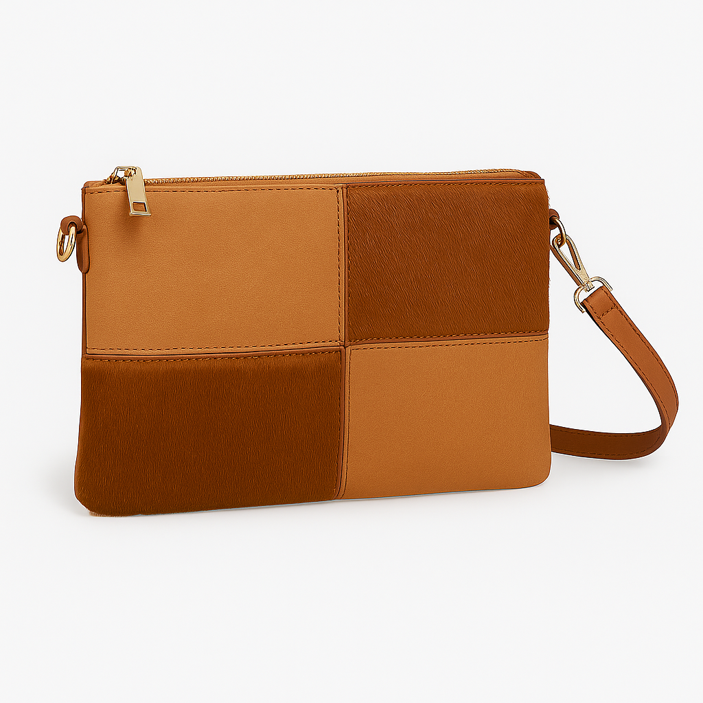 Bolso bandolera cuadros patchwork en tonos Camel