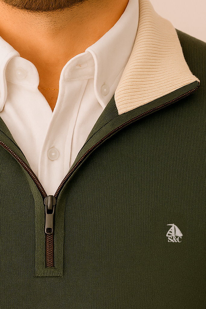 Jersey de hombre media cremallera kaki con contraste