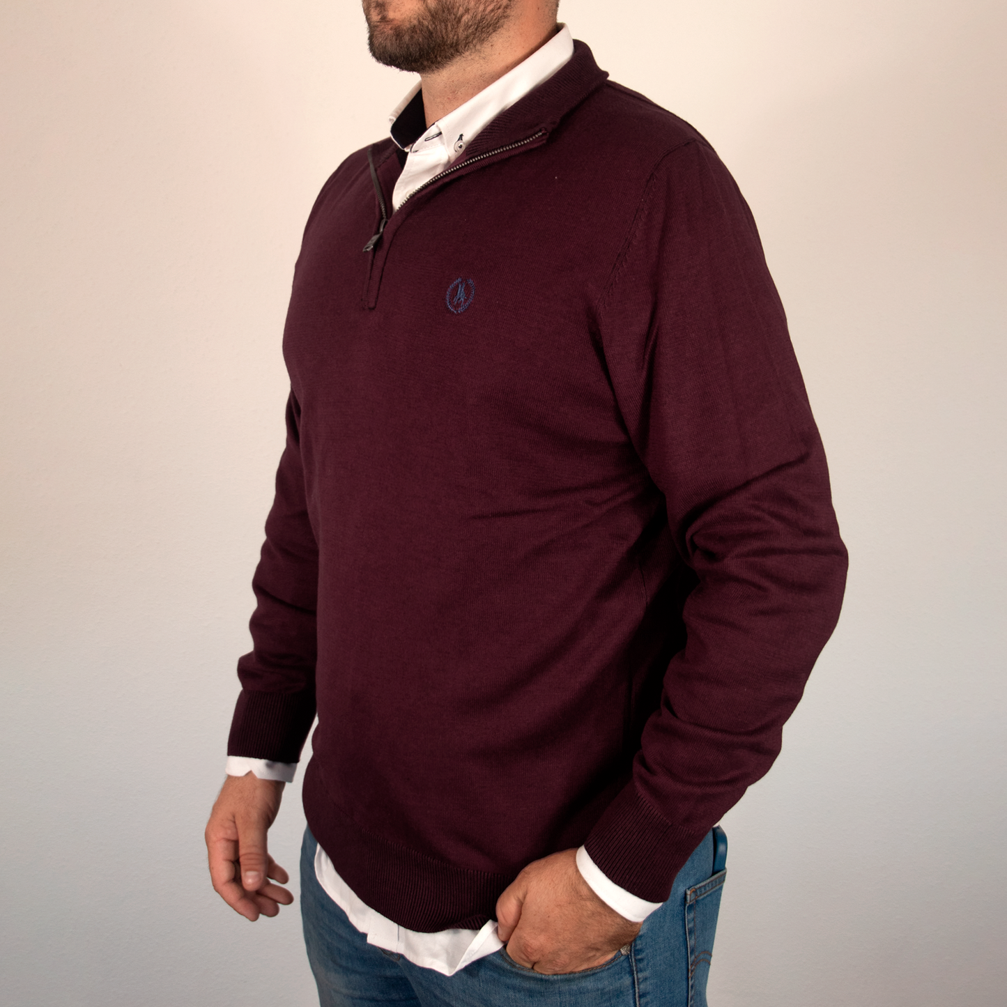Jersey Hombre Burdeos Media Cremallera con Laurel