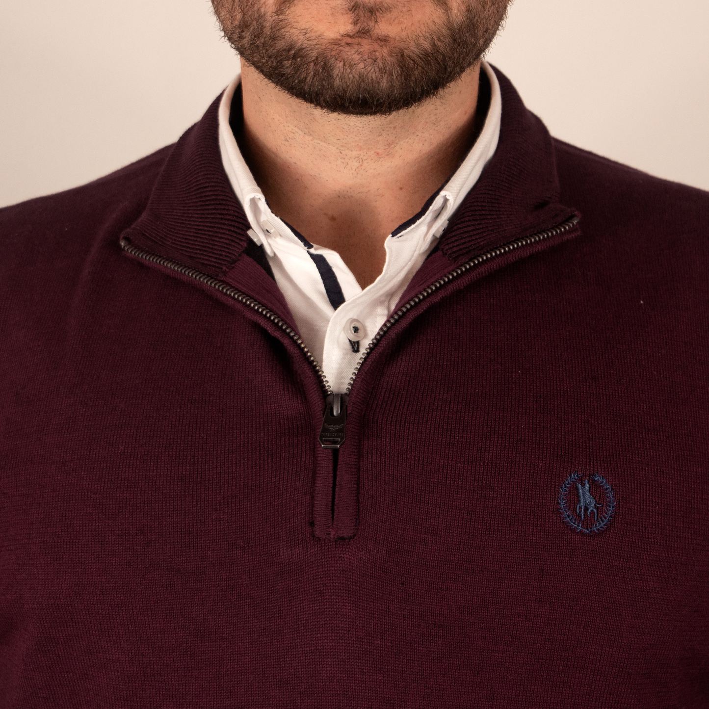 Jersey Hombre Burdeos Media Cremallera con Laurel