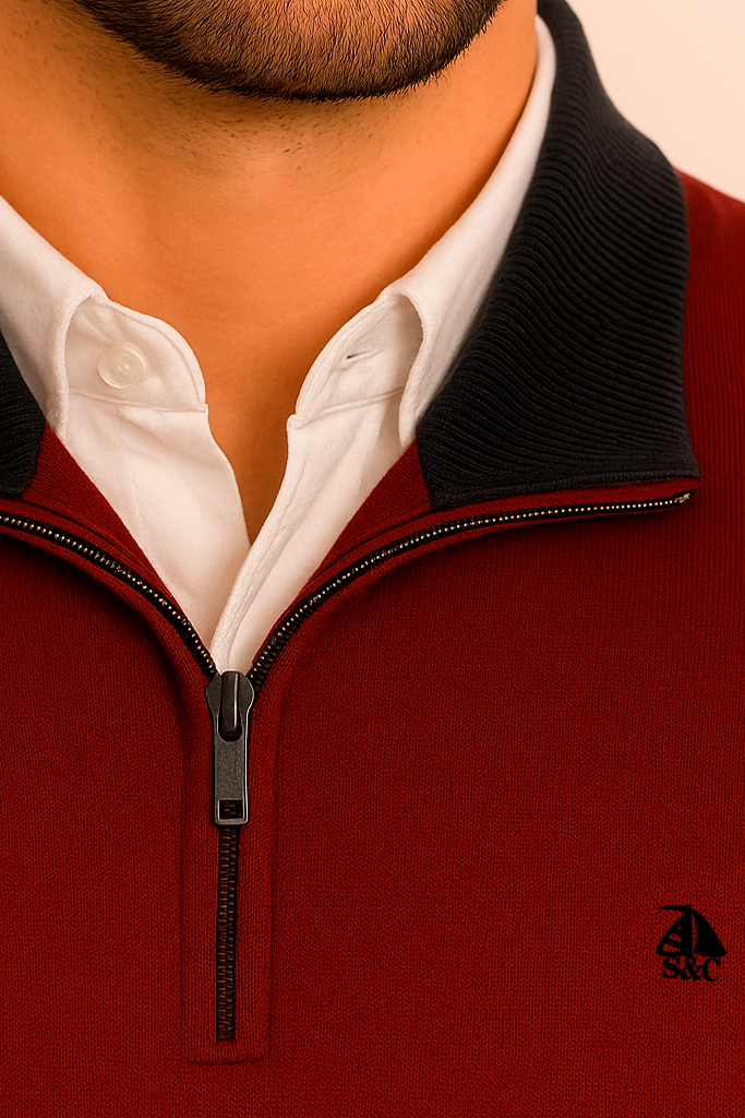 Jersey de hombre media cremallera granate con contraste
