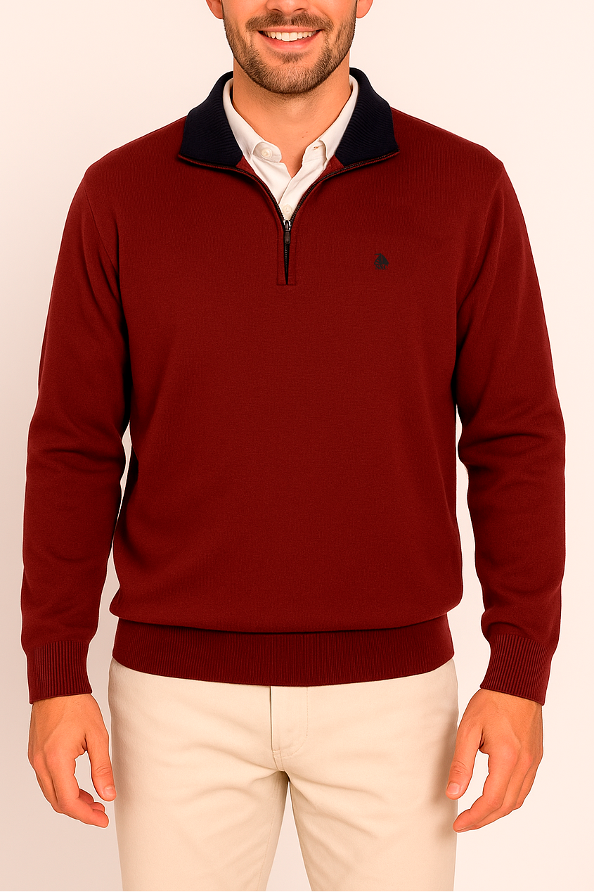 Jersey de hombre media cremallera granate con contraste
