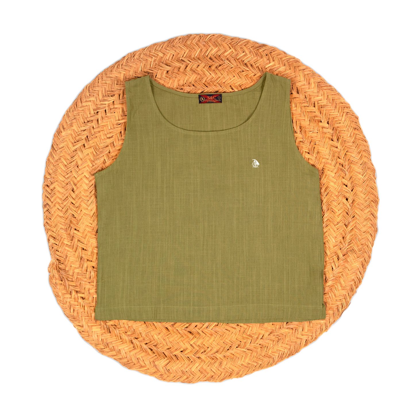 Blusa mujer lino sin mangas kaki