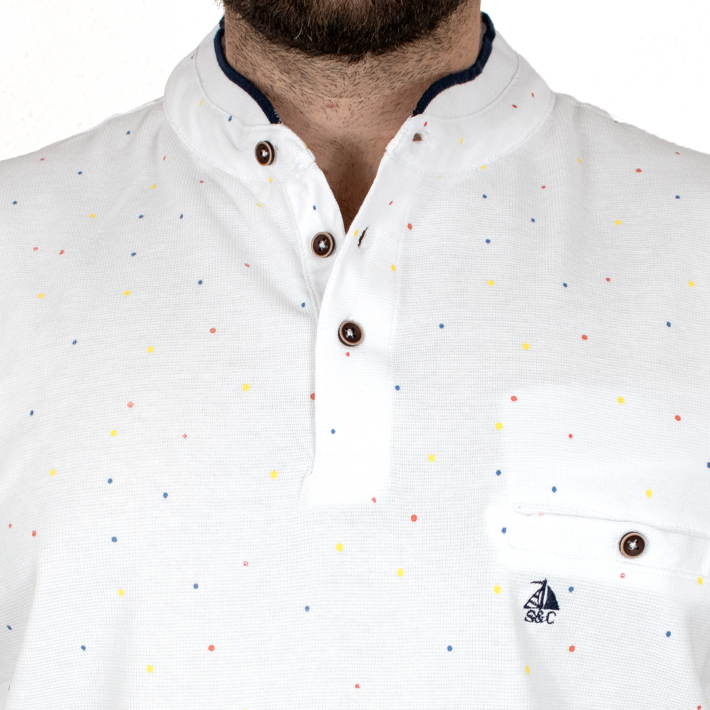 Polo hombre manga corta cuello mao Blanco con puntitos