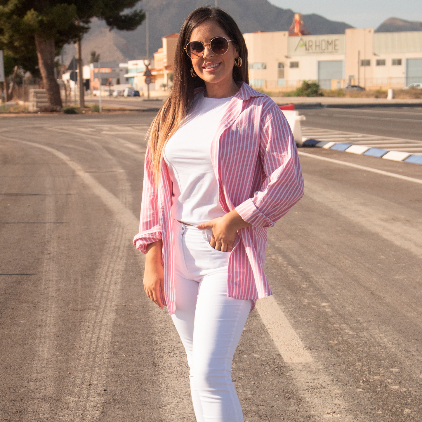 Camisa Mujer Oversize rayas Beige
