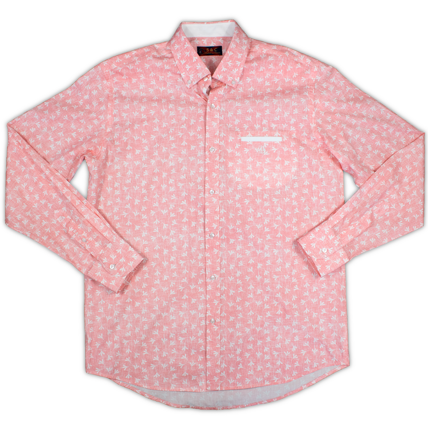 Camisa Hombre Manga Larga Rosa Flores Blancas