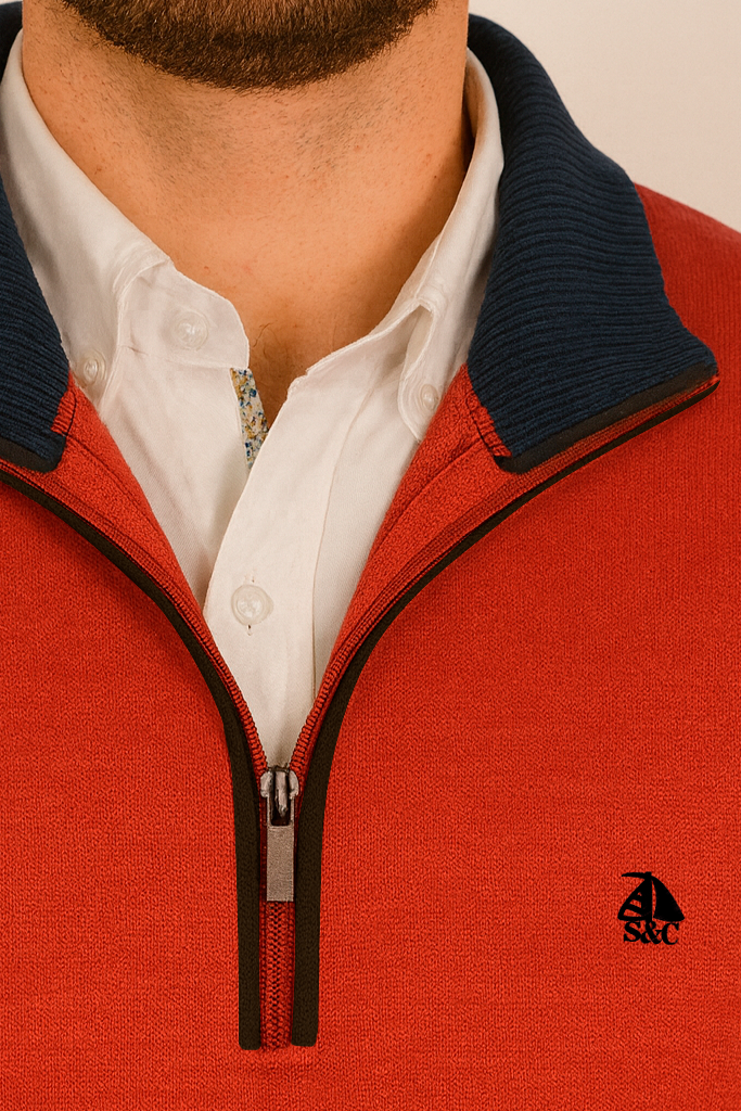 Jersey de hombre media cremallera teja con contraste