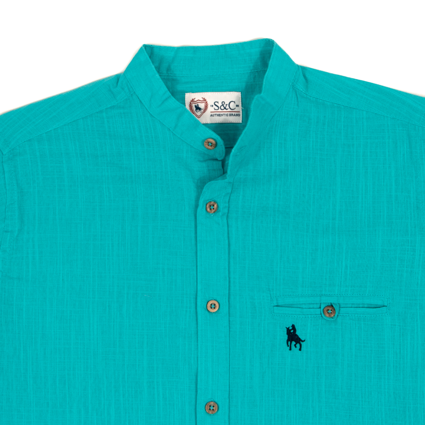 Camisa tipo lino cuello mao Turquesa