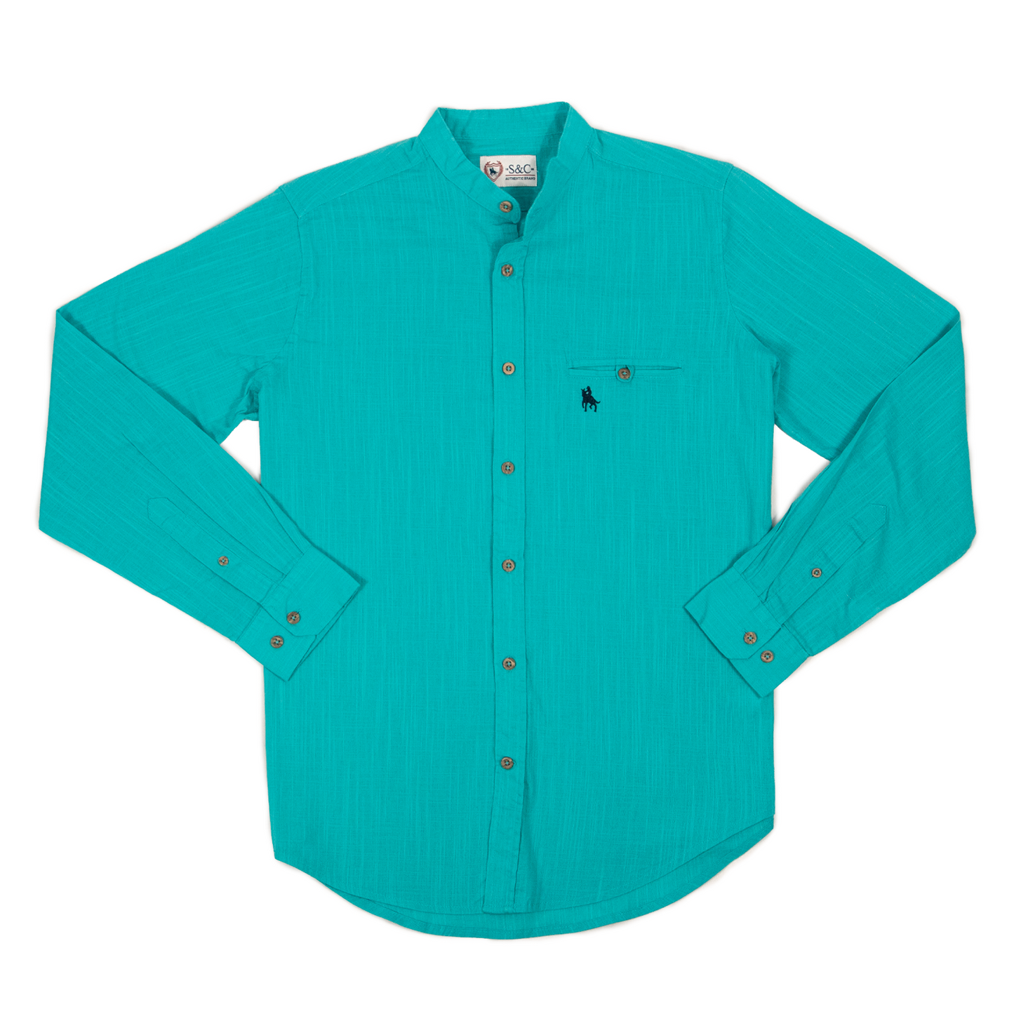 Camisa tipo lino cuello mao Turquesa