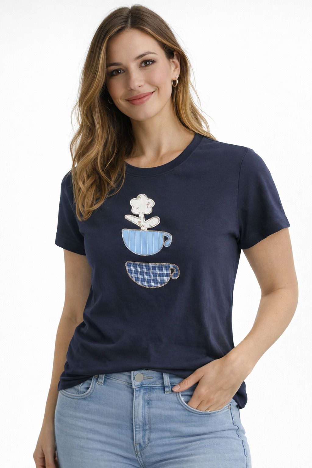 Camiseta Mujer manga corta azul marino "Tazas"