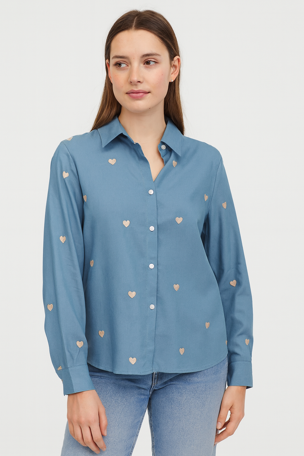 Camisa azul detalle corazones dorados