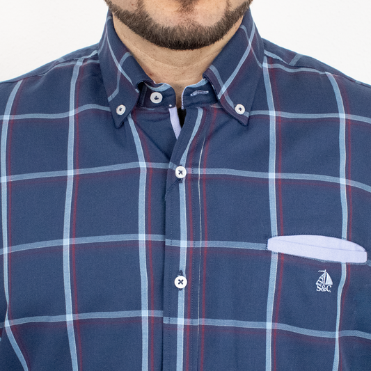 Camisa cuadros marino, celeste y granate