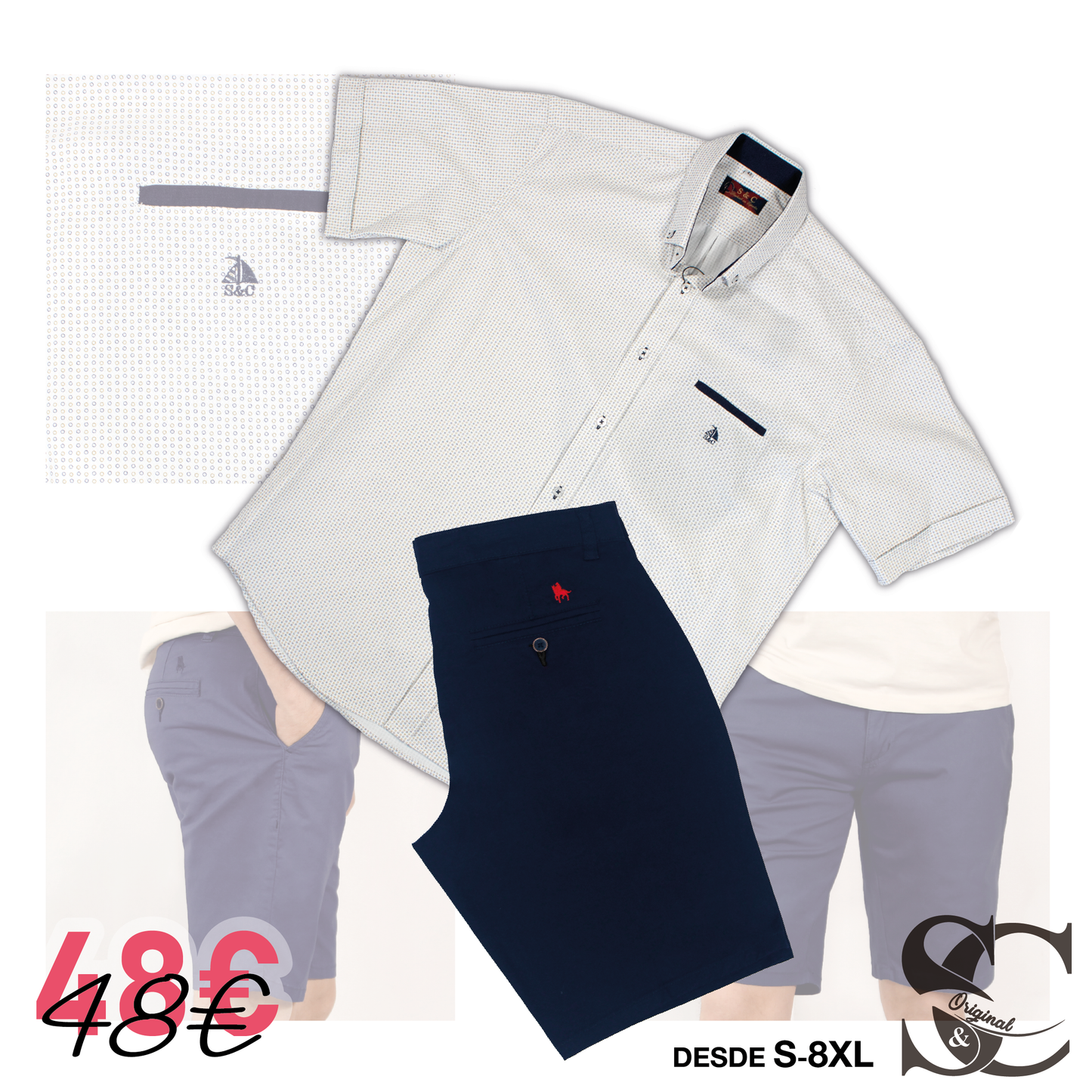 Conjunto camisa circulos amarillos y azul con bermudas marino