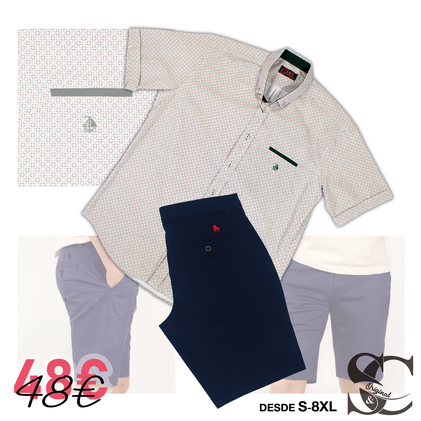 Conjunto camisa estampado verde y lila con bermuda marino