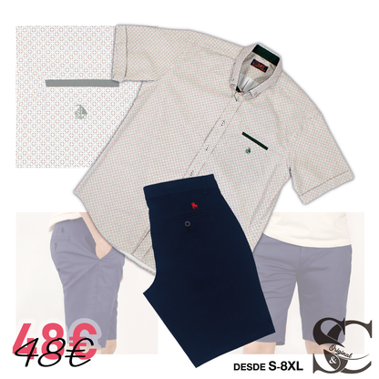 Conjunto camisa estampado verde y lila con bermuda marino