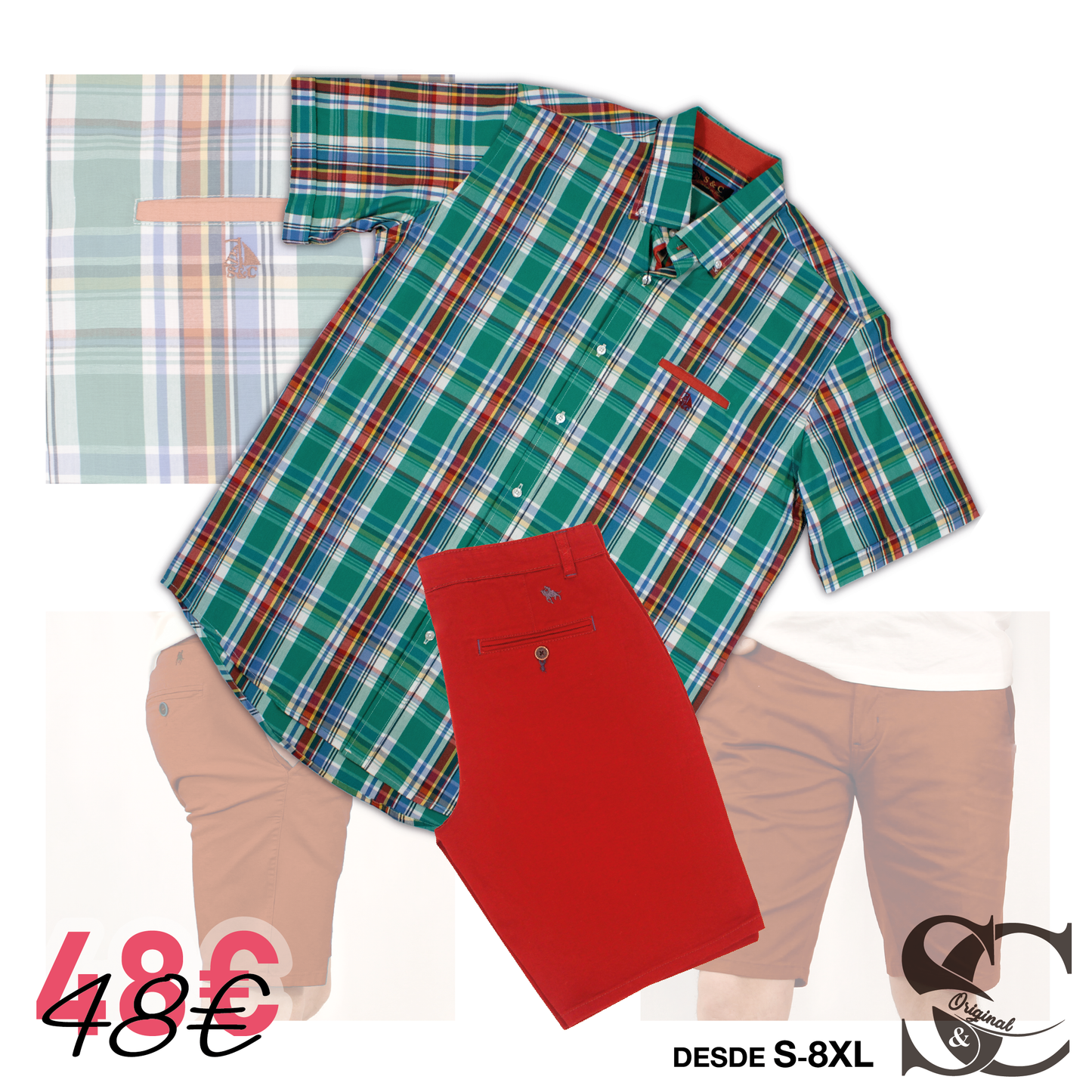 Conjunto camisa verde cuadros y rayas con bermuda roja