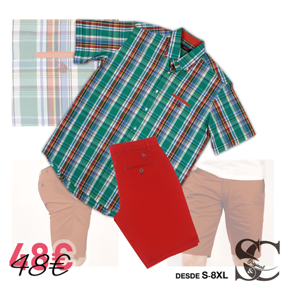 Conjunto camisa verde cuadros y rayas con bermuda roja
