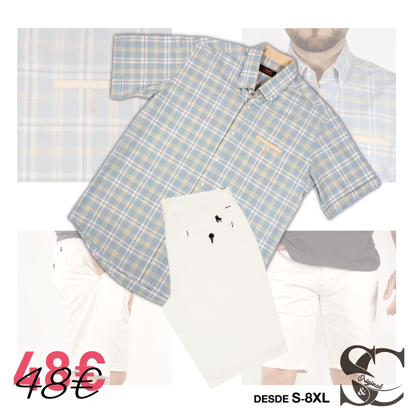 Conjunto camisa rayas y cuadros azul y amarillo con bermuda blanca