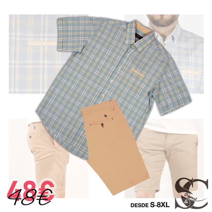 Conjunto camisa azul rayas y cuadros con bermuda beige