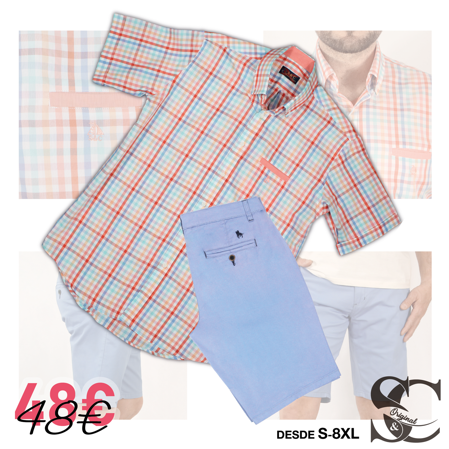 Conjunto camisa cuadros de colores y bermuda celeste