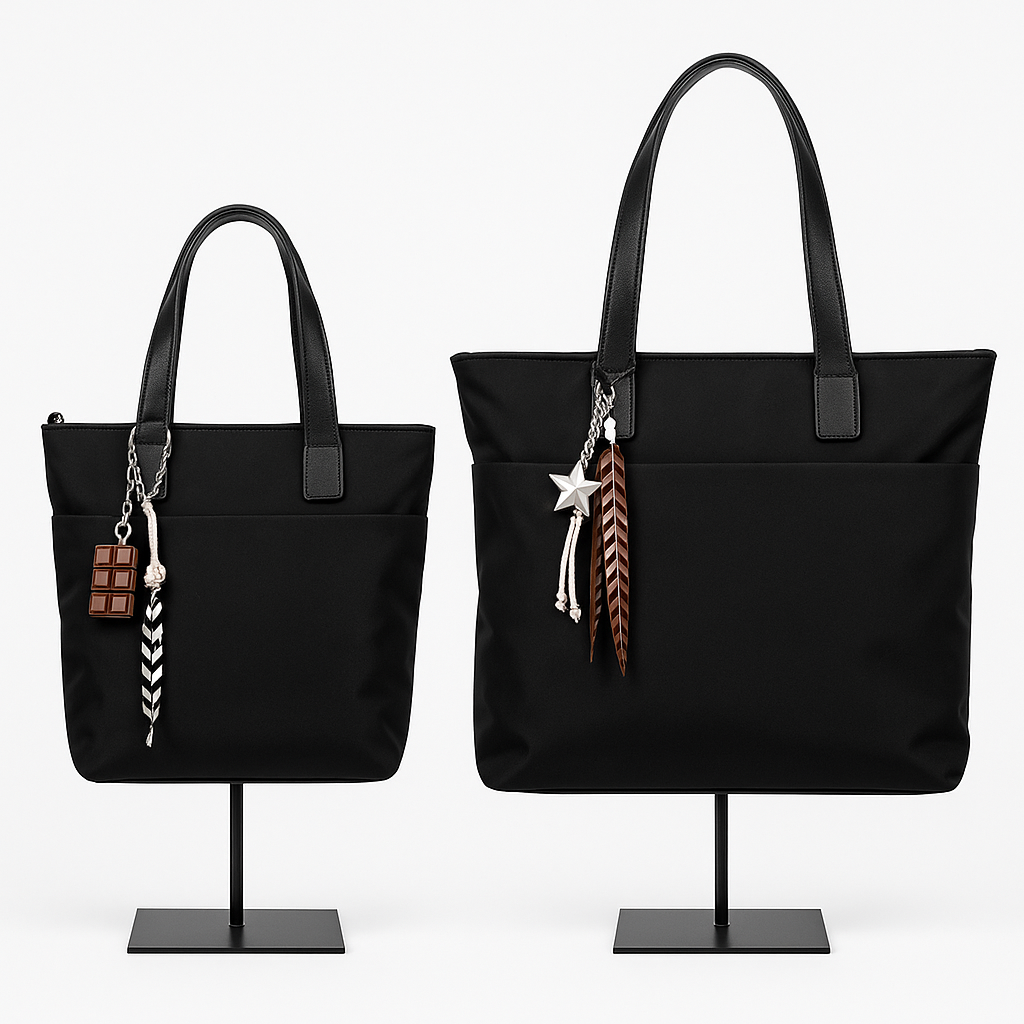 Bolso Shopper Negro Pequeño con Asas Negras y Llavero Decorativo