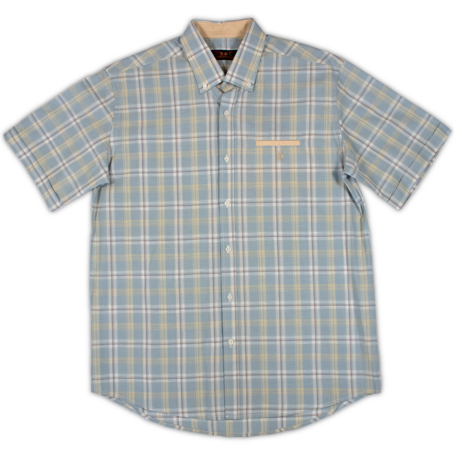 Conjunto camisa azul rayas y cuadros con bermuda beige